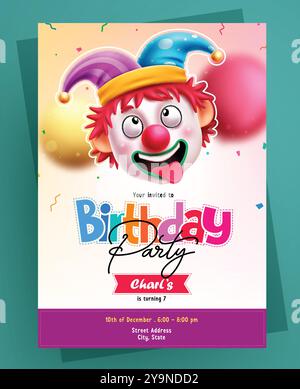 Birthday invitation card vector template design. Birthday party invitation card with clown character and editable space for name, date, time Stock Vector