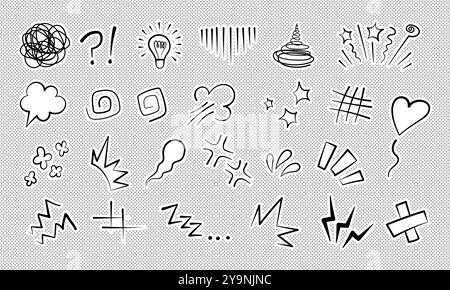 Manga or anime comic emoticon element graphic effects hand drawn doodle vector illustration set. Stock Vector