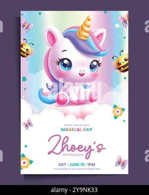 Birthday unicorn invitation card vector template design. Birthday invitation card with unicorn cute pony character and bee elements for kids party Stock Vector