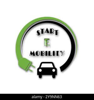 Electric mobility symbolic - for use as a logo with text START E MOBILITY - E-car pictogram with plug in green - 3D Illustration Stock Photo