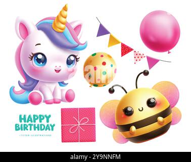 Birthday elements vector set design. Happy birthday greeting text with cute colorful unicorn, flying bee characters, balloons, gift box and pennants Stock Vector