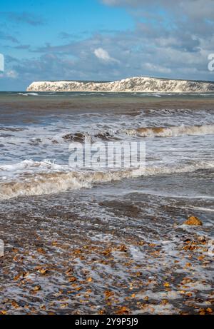 South-Western coastline of the Isle of Wight on a breezy autumn day with the wight cliffs near the needles clearly visible, landscape of Isle of Wight. Stock Photo