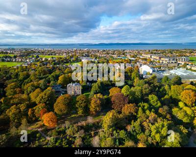 Aerial view of Inverleith House in Royal Botanic Garden with trees in autumn colours ,Inverleith, Edinburgh, Scotland, UK Stock Photo