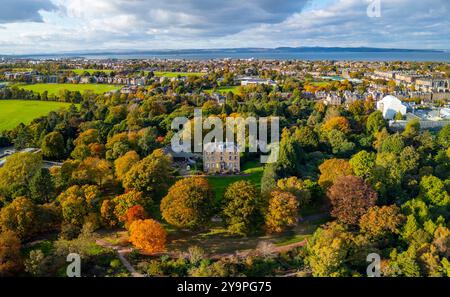 Aerial view of Inverleith House in Royal Botanic Garden with trees in autumn colours ,Inverleith, Edinburgh, Scotland, UK Stock Photo