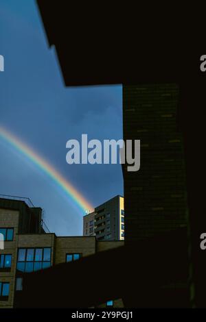 Low angle view of double rainbow against in sky Stock Photo