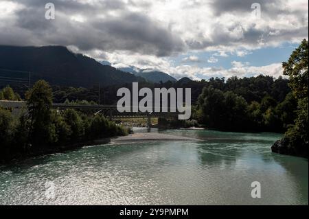 Reichenau Graubünden Switzerland 17th September 2024 Confluence of the Hinterrhein left Vorderrhein Rivers. Henceforth the river is the Rhein, Rhine, Rijn. Stock Photo