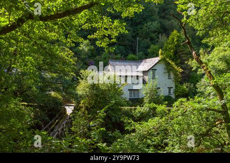 The footbridge over the East Lyn River at Rockford in the Brendon Valley, Exmoor National Park, Devon, England. Stock Photo