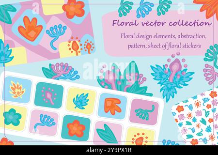 Colorful floral collection in bright Memphis style with botanical design elements and patterns. Includes sheets of vibrant floral stickers, abstract b Stock Vector