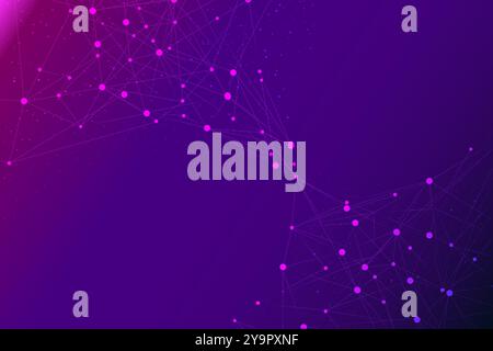 Vector illustration. Neon pink and purple connections form network of interconnected nodes, resembling beauty of digital networks or futuristic Stock Vector
