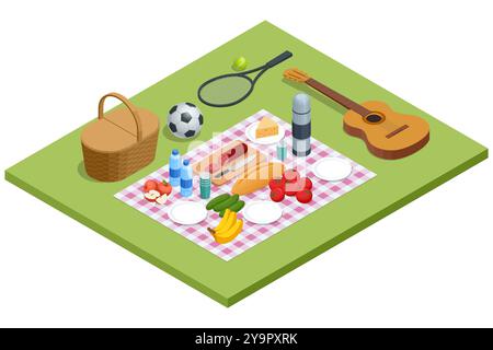 Isometric picnic basket on a blanket in the meadow, surrounded by nature. It represents the idea of relaxation, a romantic meal, and a family weekend Stock Vector