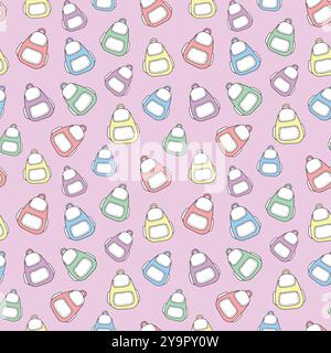 Seamless pattern with colorful backpacks isolated on pink background. Concept of school accessories, student gear, travel, and tourism. Modern design Stock Vector