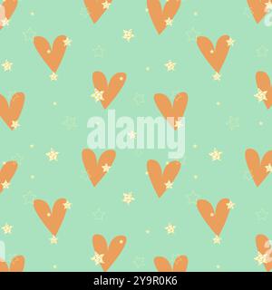 Pattern with hearts and shining stars on mint background. Vector illustration Stock Vector