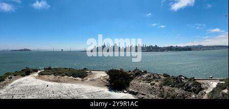 Panoramic view of San Francisco and The Bay Bridge from Alcatraz Island. Stock Photo