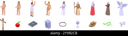 Bible character icons set. This isometric icon set represents characters and elements from famous biblical stories Stock Vector