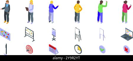 Scrum board icons set. Set of managers characters working on startup project using scrum agile methodology with kanban board, agile board, target, calendar, time management and more Stock Vector