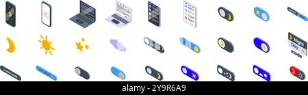 Night day mode icons set. Set of icons representing day and night mode for user interface in isometric view, perfect for your next project Stock Vector