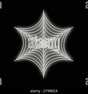 White glowing neon star shaped spider web is casting a glow against a black background Stock Vector