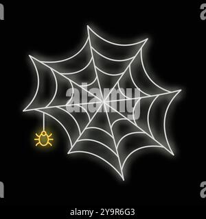 Bright glowing neon white cobweb with a hanging spider on a black background, perfect for halloween projects Stock Vector