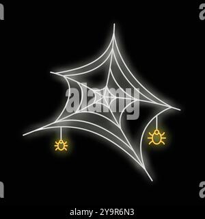 White neon spiderweb with two yellow neon spiders glowing on a black background Stock Vector