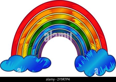 Textured single icon clipart with colorful rainbow and two clouds for greeting cards decoration Stock Vector