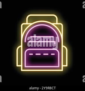 Neon sign in the shape of a backpack is glowing on a black background Stock Vector
