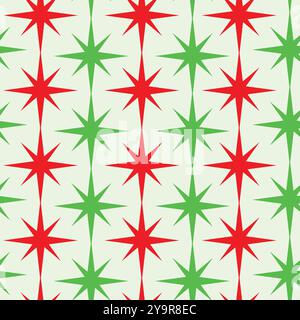 Christmas Red and green mid century  atomic starbursts on white background seamless pattern . For Christmas decor, textile and fabric Stock Vector