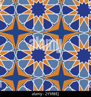 Classic Arabesque Moroccan Seamless pattern in orange and navy blue. For Textile, wallpaper and Home décor Stock Vector