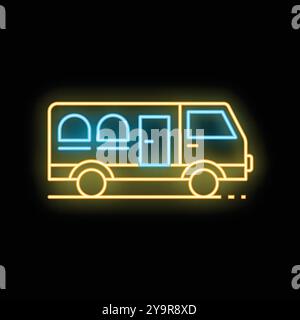 Neon bus icon is glowing on a dark background, representing public transportation and urban mobility Stock Vector