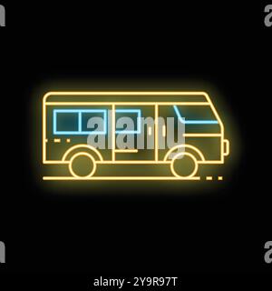 Neon bus icon moving fast on black background, transportation concept Stock Vector