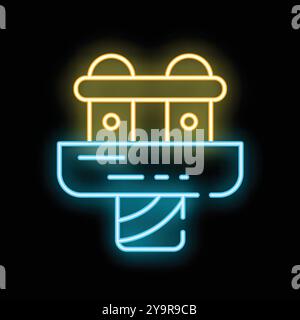 Glowing neon line icon of a power plant generating electricity, symbolizing renewable energy sources Stock Vector