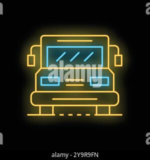 Yellow neon sign representing the front of a school bus, with blue headlights on a black background Stock Vector