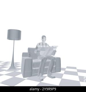 Polygonal model of man sitting in armchair and reading newspaper in room with lamp and bookcase with books isolated on white background. Vector illust Stock Vector
