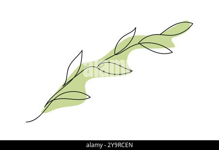 Minimalist Line Art of Green Plant Branch with Leaves isolated on white background. Continuous one line drawing of olive branch. Concept of peace, org Stock Vector