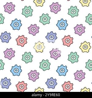 Seamless Pattern of Gears on White Background. Concept of Cute Industrial Design, Colorful Machine Parts, Engineering Tools, Repetitive Motif. Textile Stock Vector