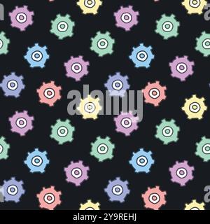 Seamless Pattern of Gears on Black Background. Concept of Cute Industrial Design, Colorful Machine Parts, Engineering Tools, Repetitive Motif. Textile Stock Vector