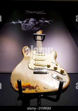 The 1961 Fender Stratocaster electric guitar, which is expected to fetch between £700,000 and £1,000,000, part of the Rory Gallagher Collection, on display at Bonham's in London before it is offered at auction. The collection of the Irish musician and songwriter comes to auction on October 17. Picture date: Friday October 11, 2024. Stock Photo