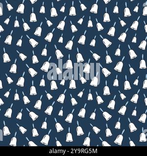 Seamless pattern of hand-drawn school bells on a dark blue background. Concept of school, education, playful stationery design, Holiday Decor, Festive Stock Vector