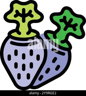 Two cartoon blueberries with green leaves are growing, ready to be picked and enjoyed Stock Vector