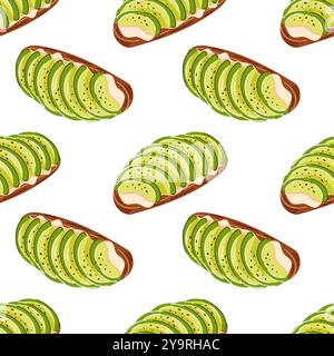 Seamless pattern with avocado toast slice in flat style. Perfect for healthy food design, restaurant menu, kitchen decor or packaging. Ideal for food Stock Vector
