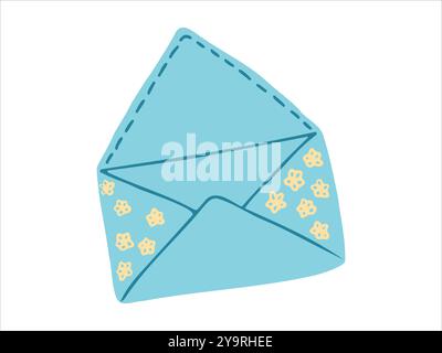 Illustration of an Open Blue Envelope with Floral Patterns isolated on white background. Concept of Stationery, Cute Design, Handcrafted Style, Commun Stock Vector