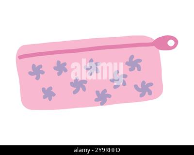 Pink Pencil Case with Purple Flower Patterns isolated on white background. Concept of School Supplies, Stationery, Cute Design, Student Essentials. Zi Stock Vector