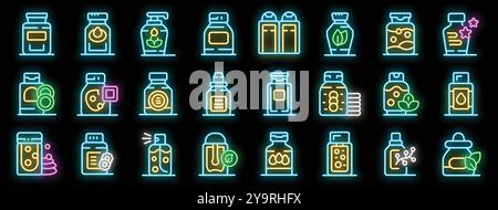 This captivating image showcases a vibrant collection of neon icons, each representing a unique type of supplement, highlighting their diverse forms and intended applications Stock Vector