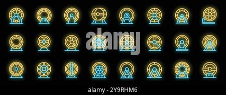 Set of hamster wheel neon icons glowing collection of rodent running wheels for pet shop design on black background Stock Vector