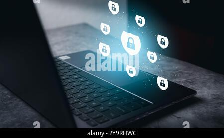 Future technology with hologram protection interface. Internet security and data protection concept. Blockchain and cybersecurity. Stock Photo