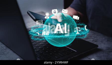 Businesswoman show virtual global interface with AI. Artificial Intelligence. Using command prompt to generate something, Futuristic technology. Stock Photo