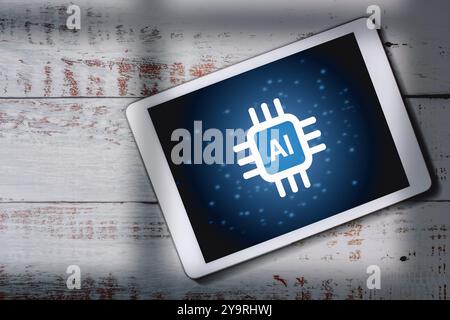Top view of digital tablet with virtual interface of AI. Artificial Intelligence. Using command prompt to generate something, Futuristic technology. Stock Photo