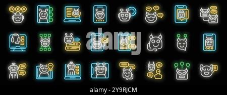 Chatbot icons set. Outline set of chatbot vector icons neon color on black background Stock Vector