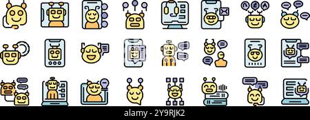 Collection of icons depicting chatbots assisting with customer inquiries, providing support, and engaging in online communication Stock Vector