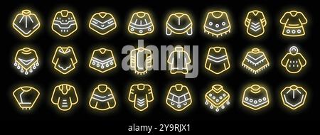 Set of neon poncho icons showing different styles of traditional south american clothing with bright vivid colors on a black background Stock Vector