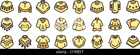 Mexican poncho icons set. Outline set of mexican poncho vector icons thin line color flat on white background Stock Vector